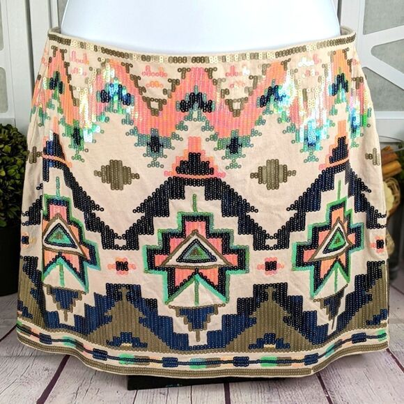 Express Aztec Sequin Embellished Fully Lined Mini Skirt - Picture 2 of 14